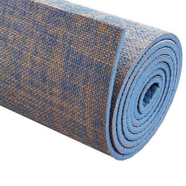 Detail view of blue fabric linen hemp pvc yoga mat